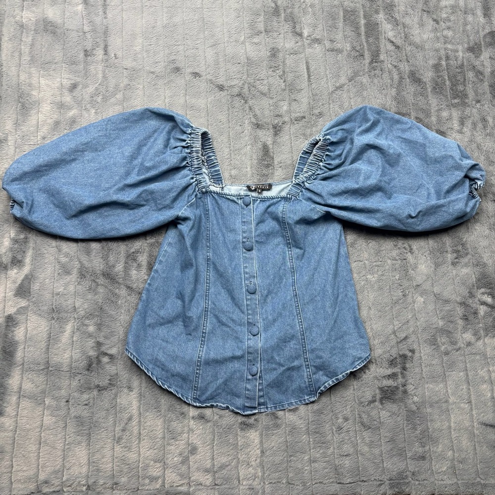 Collection by Cezele Denim Puff Sleeve Button Front Top Blue Medium Wash CY1117
